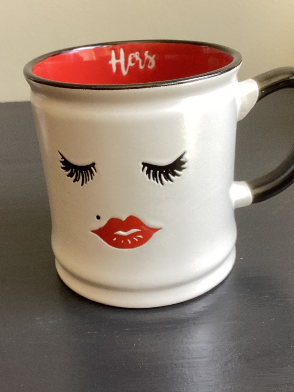 “Hers” Sleeping Eyes and Lips, Red Interior, White Ceramic 16oz Mug